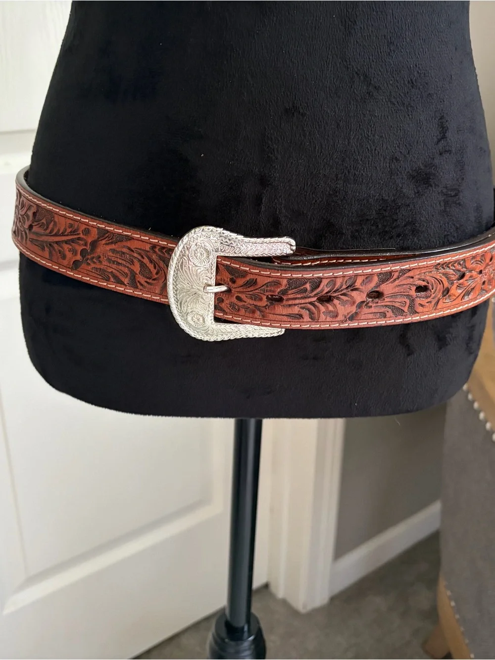 Western Tooled Leather Belt with Silver Buckle - Brown